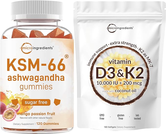 Micro Ingredients Vitamin D3 10000IU + K2 MK-7 200mcg Softgels &amp KSM-66 Ashwagandha Gummies 300mg | 2 Pack Bundle | Essential D &amp K Sunshine Vitamins | Sugar Free Mango Passion Fruit Flavor