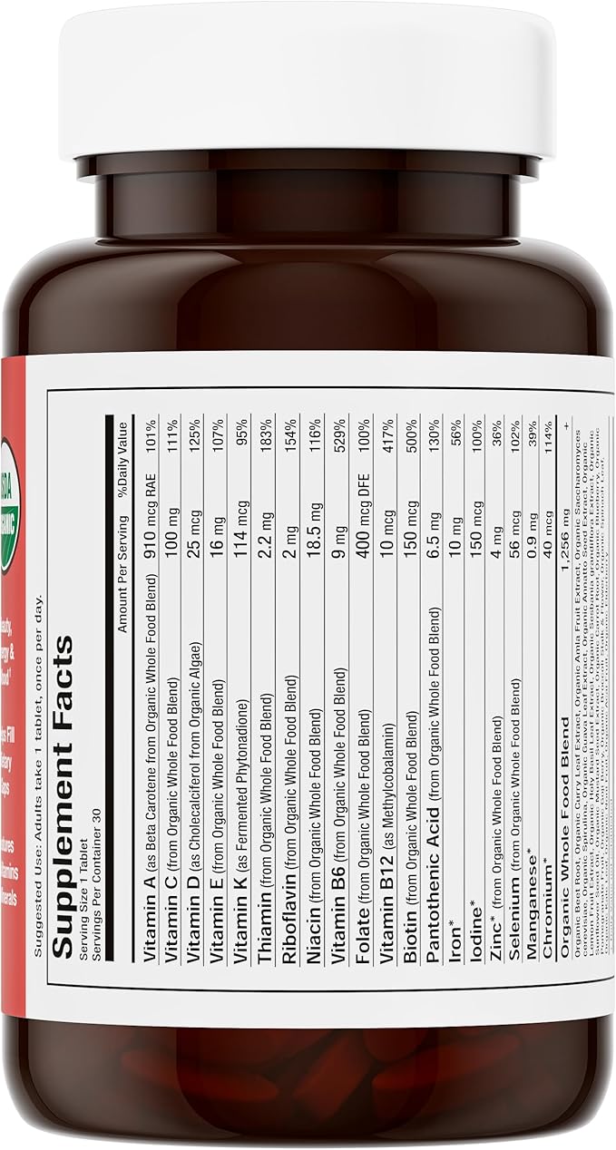 Mama Natural Organic Women's Multivitamin – Whole Food Based 1 A Day Vegan Tablet – USDA Organic Non-GMO Clean Label Multivitamin for Women – 30 Day Supply with Iron &amp Methylated B12
