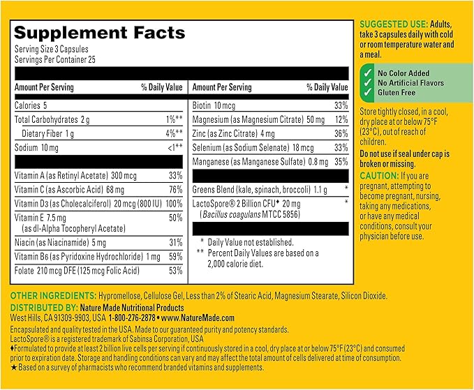 Nature Made Super Greens with Probiotic Capsules Made with 1/2 Cup Veggies Per Serving + Probiotics for Digestive Health 75 Capsules 25 Day Supply
