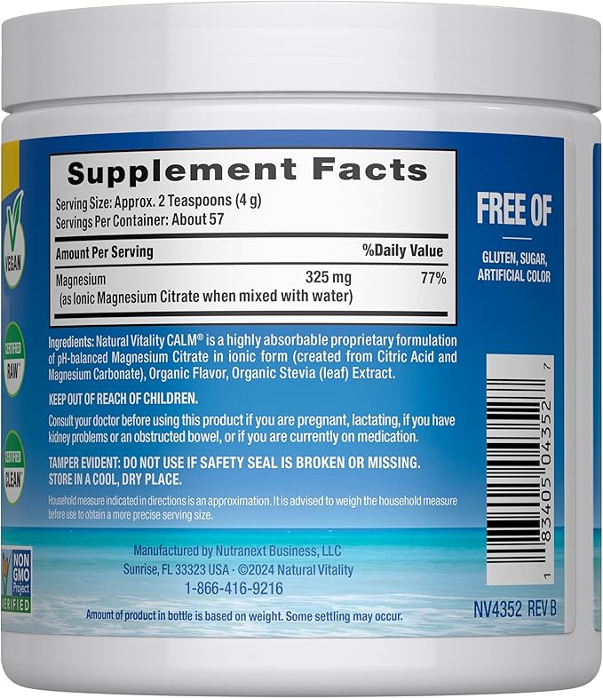 Natural Vitality Calm Magnesium Supplement Anti-Stress Drink Mix Powder Gluten Free Vegan &amp Non-GMO Sweet Lemon 8 oz