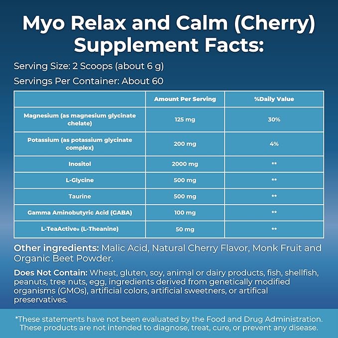 MYOXCIENCE Myo Relax &amp Calm | Myo-Inositol L-Theanine Taurine Magnesium &amp GABA | Supports Sleep Neurotransmitter and Hormone Support (Cherry Flavor) (60 Servings)