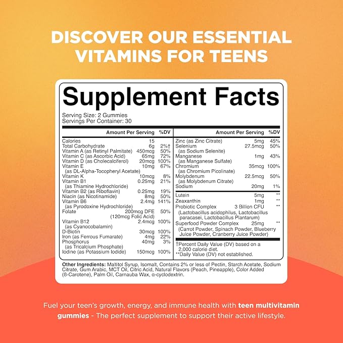 Daily Teen Gummy Vitamins - Multivitamin for Teens 12-17 Boys and Girls Daily Multivitamin Gummies for Teenagers - Essential Vitamins for Growing Teens - Support Health Growth and Development 180ct