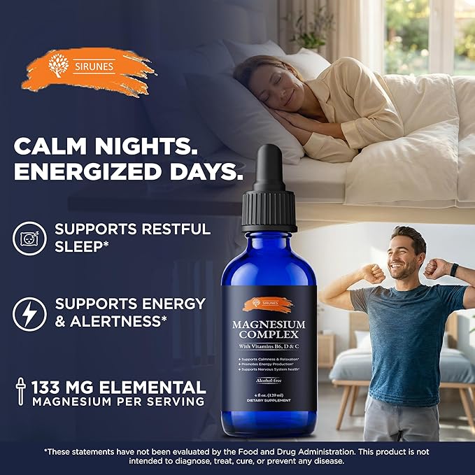 SIRUNES Magnesium Complex Liquid Drops – Magnesium Supplement with Vitamins B6 D3 &amp C – Calm &amp Relaxation Support Energy Production Nervous System Wellness – Alcohol-Free Liquid Magnesium –