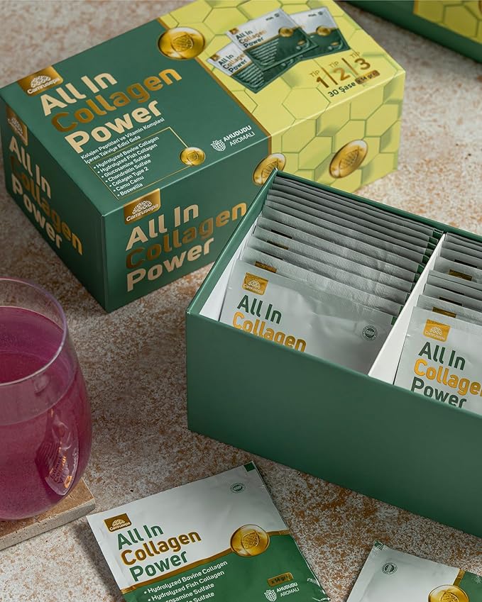 All in Collagen Power – Multi-Type Collagen Powder with Glucosamine &amp Hyaluronic Acid – Supports Joint Mobility Skin Elasticity – Raspberry Flavor – 30 Sachets