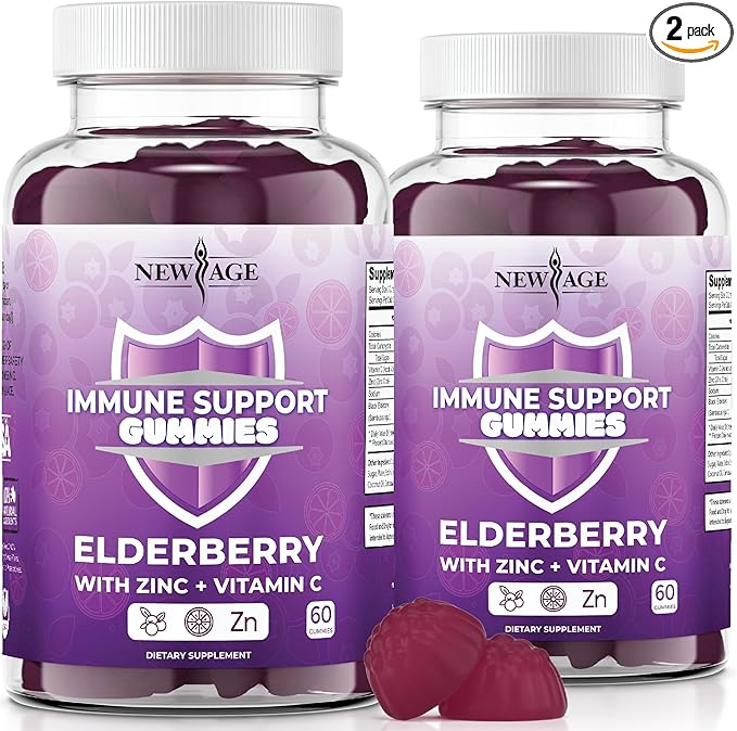 NEW AGE Immune System Support Gummies - Sambucus Black Elderberry Gummies with Vitamin C and Zinc (120 Count (Pack of 2))
