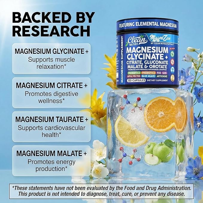Clean Nutra Magnesium Glycinate Citrate Malate Orotate Taurate Supplement Complex + 10 Strain Probiotic Prebiotics FOS GOS Inulin Sleep Calm Support Apple Pectin – 120 Vegan Capsules