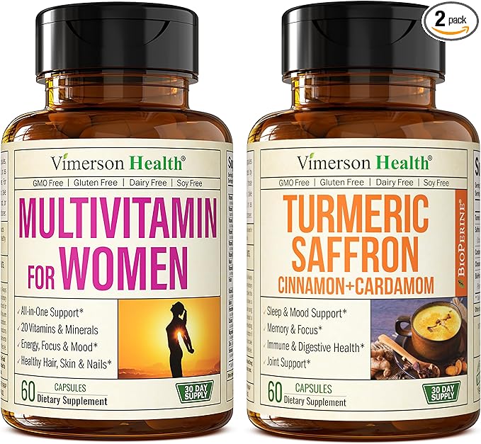Women's Multivitamin + Turmeric Saffron Cinnamon &amp Cardamom Bundle. Women's Vitamins &amp Minerals Formula for Immune and Joint Support Inflammatory Response.