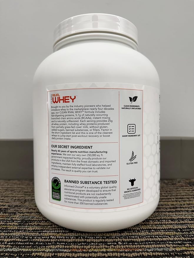 RIVAL NUTRITION Clean Rival Whey – 5LB Unflavored – 100% Whey Protein Powder Whey Isolate Primary Source | 25g Protein Muscle Gain/Recovery | All Natural No Artificial Ingredients - 72 Servings