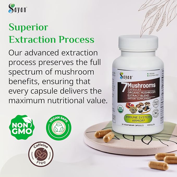 Sayan 7 Mushroom Extract 90 Capsules/440mg ea – Immune Support &amp Energy – Organic Chaga Reishi Lion's Mane Maitake Shiitake Turkey Tail Adaptogen Blend – Vegan Non-GMO No Fillers or Additiv