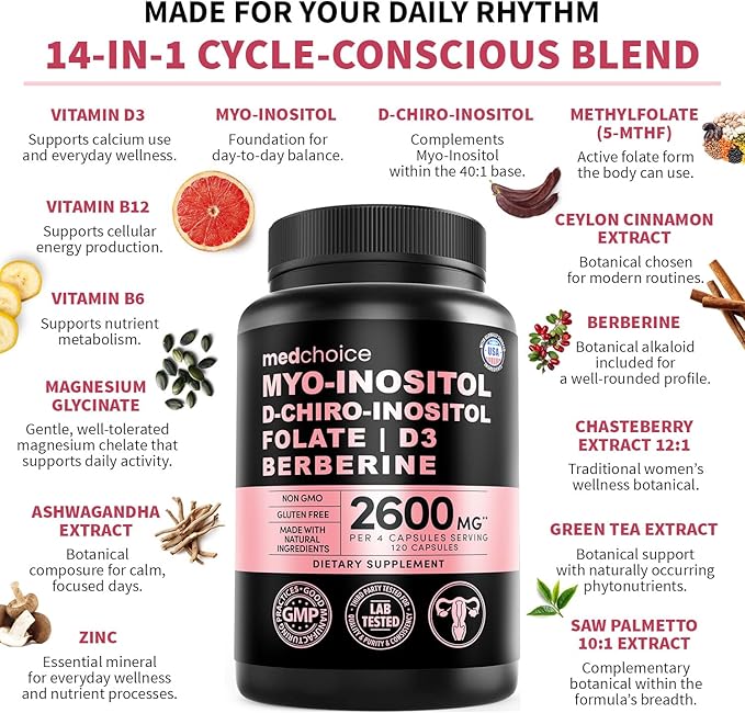 14-in-1 Women’s Inositol Complex Supplement – 40:1 Myo &amp D-Chiro Inositol with Folate Vitamin D3 Zinc Magnesium &amp Botanicals for Hormone &amp Feminine Wellness Support – (120 Capsules) (Pa