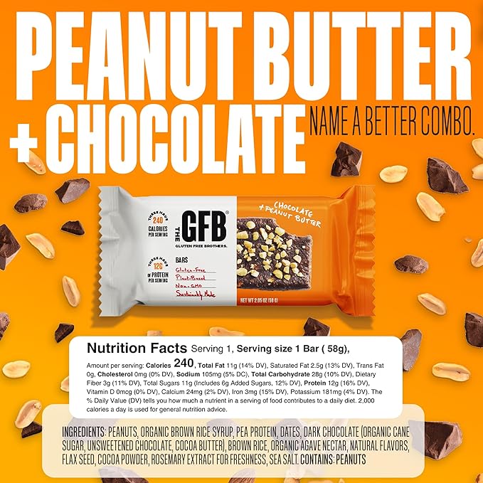 The GFB Chocolate Peanut Butter Protein Bars - Gluten Free Plant Based Non GMO Sustainably Made – Ridiculously Tasty Healthy Vegan Nutrition Snack Protein Bars 2.05 oz (12 Count)
