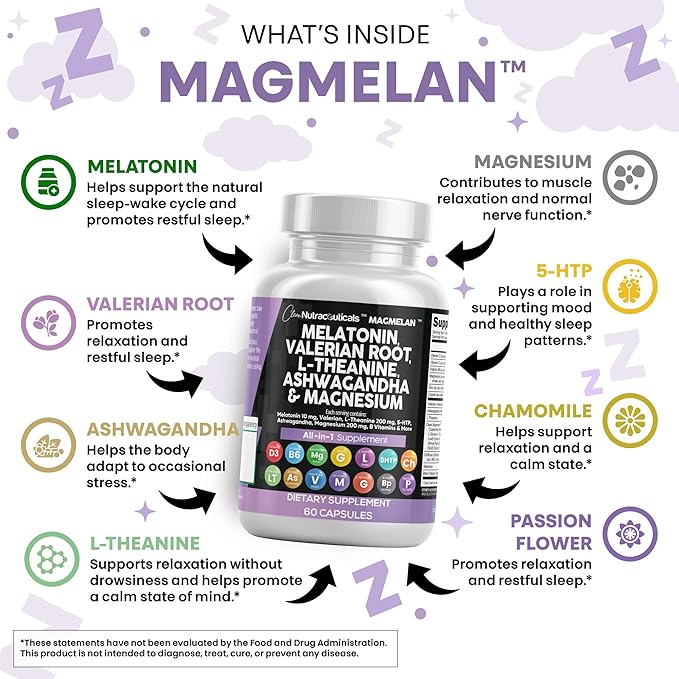 Clean Nutraceuticals Melatonin 10mg Valerian Root L Theanine 200mg Ashwagandha - Sleep Support for Women &amp Men with Magnesium Complex Lemon Balm Chamomile &amp Passion Flower - 60 Caps (Pack o