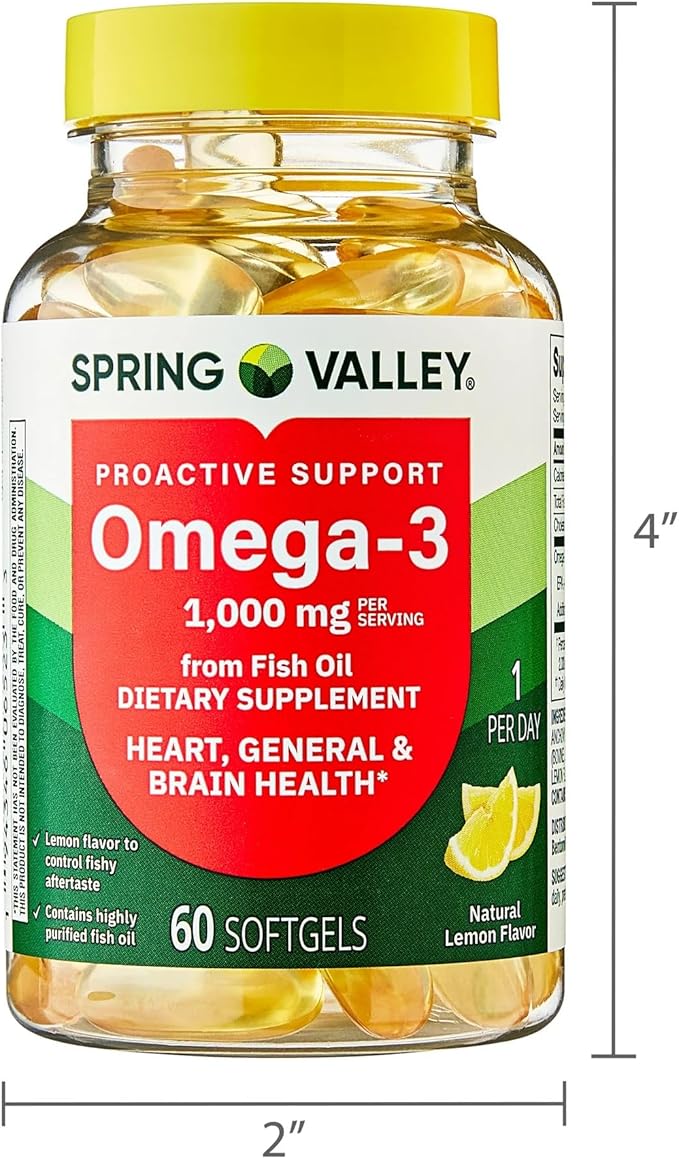 SUREFECT Spring Valley Proactive Support Omega-3 Fish Oil Dietary Supplement Softgels for Heart/General/Brain Health 1000 mg 60 Count Organizer.