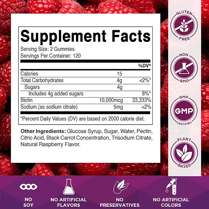 Vitamatic Biotin Gummies 10000 mcg for Stronger Hair Skin &amp Nails - 240 Vegan Gummies - Also Called Vitamin B7