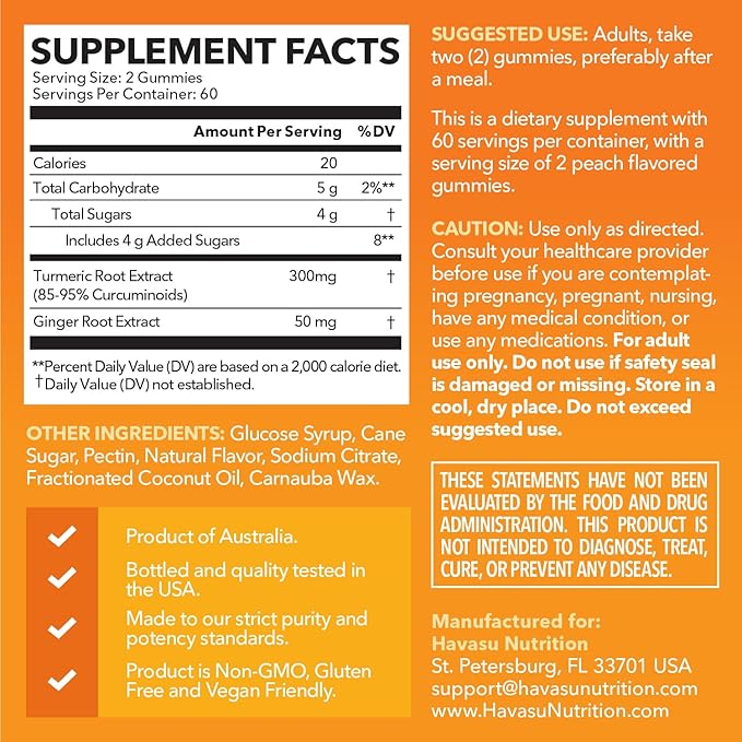 Turmeric Gummies with Ginger Root Extract - Digestive Health and Immune Support Supplement for Overall Wellness - 120 Count - Vegan Non-GMO Curcumin Vitamin - Peach Flavor 2 Month Supply