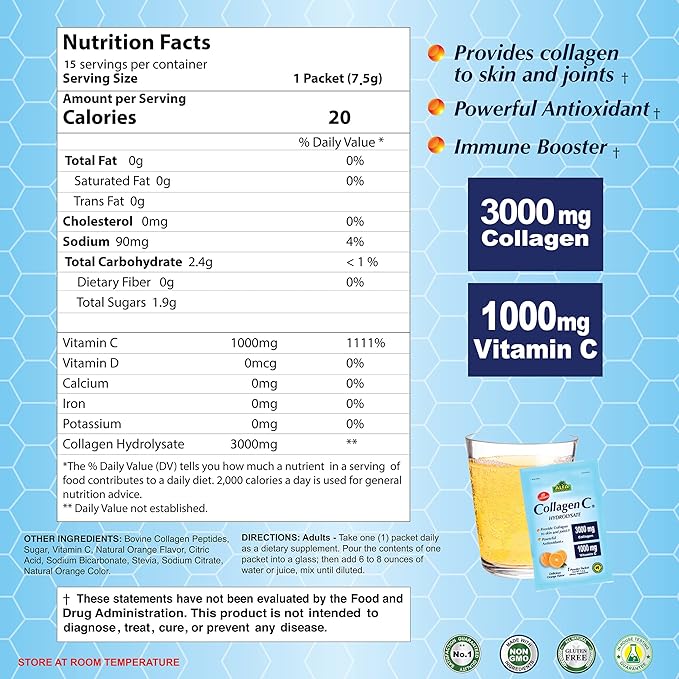 ALFA VITAMINS Collagen C Peptides Hydrolysate Powder Supplement Vitamin C 1000mg Gluten Free Hydrolyzed Collagen for Skin Hair Nails Joint &amp Bone Support Antioxidant 30 Sachets per Box 4 P