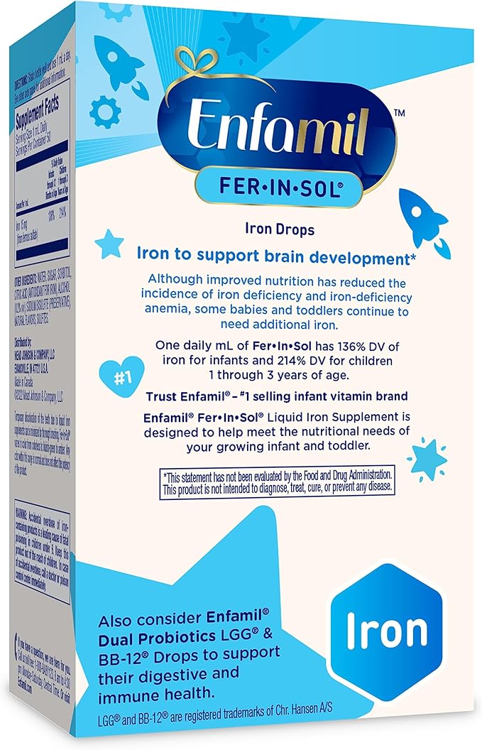 Enfamil Fer-in-Sol Iron Supplement Drops for Infants &amp Toddlers Supports Brain Development 50 mL Dropper Bottle Pack of 3