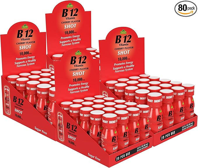 ALFA VITAMINS Vitamin B12 Energy Shot Natural Sugar Free Dietary Supplement Boosts Energy Supports Immune System Cherry Flavored Gluten Free 10000 mcg per Serving 2.0 oz Bottle 80 Pack