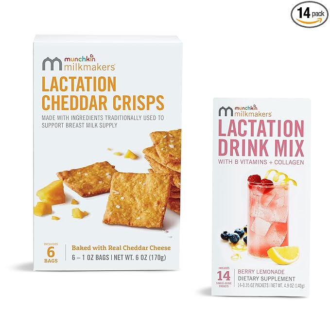 Munchkin® Milkmakers® Lactation Drink Mix Supplement with B Vitamin &amp Milk Thistle 14 Count and Lactation Cheddar Crisps for Breastfeeding Moms with Oats and Flax 6 Count