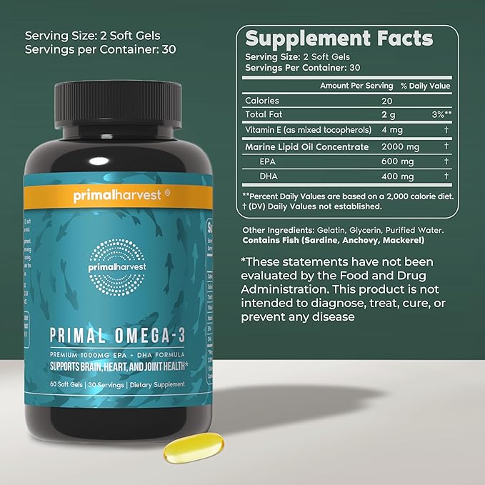 Primal Harvest Omega 3 Fish Oil Supplements 30 Servings Soft Gels Capsules w/ 1000mg EPA + DHA Supplements No Fishy Burps Non-GMO Omega 3 Fatty Acid