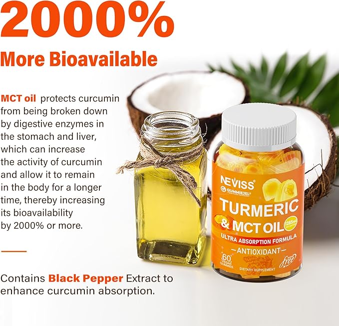 Turmeric Gummies 1000mg w/MCT Oil C8 C10 Organic Antioxidant Turmeric Curcumin Supplement with Black Pepper Extract Support Comfort Boost Energy Ultra Absorption Sugar Free 120Cts
