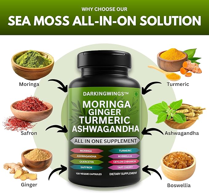 Shilajit Sea Moss and Moring for Men Combo Bundle Capsule with Ashwagandha Turmeric Curcumin Extract Supplement - Complete Vitality Formula