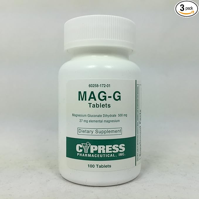 Mag-G Tablets Magnesium Gluconate Dietary Supplement 100 Tablets Per Bottle (3 Pack)