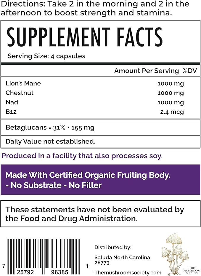 Everyday Youth - Anti-Aging Supplement - Brain &amp Cellular Energy Formula – Lion’s Mane Chestnut NAD B12 + Beta-Glucans - 120 Vegan Capsules