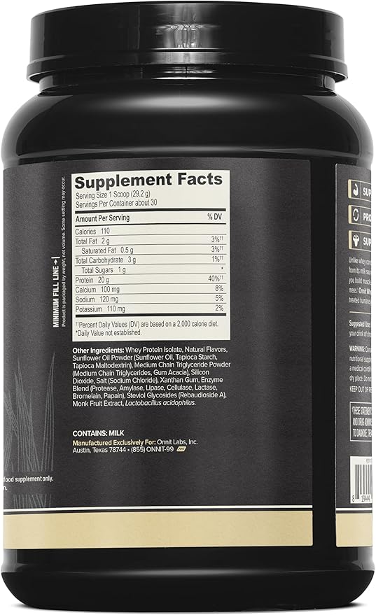 ONNIT Grass Fed Whey Isolate Protein Powder Vanilla Flavor Whey Protein Powder Dietary Supplement to Support Muscle Gain and Workout Recovery 30 Servings per Tub 30.7 oz