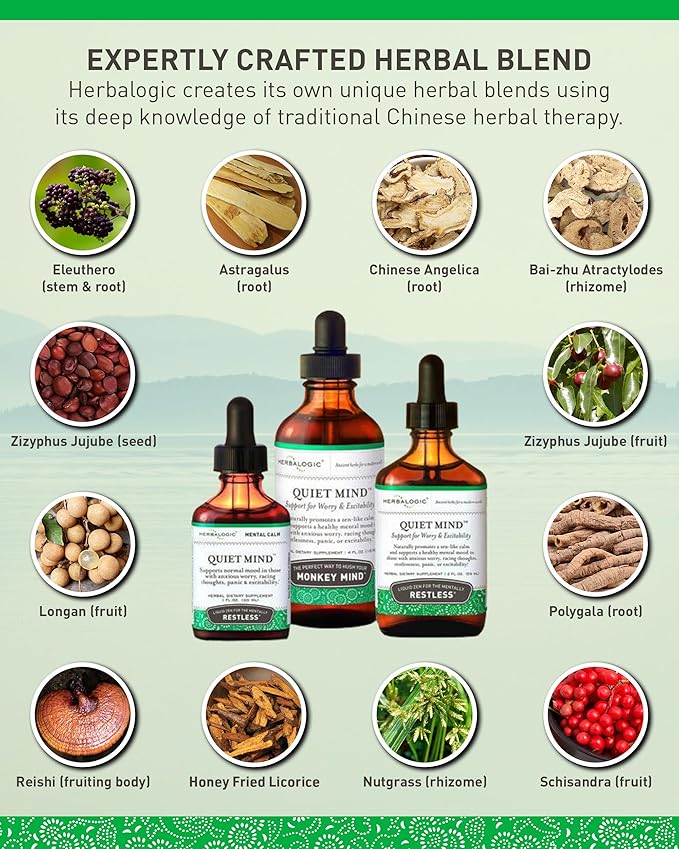 Herbalogic - Quiet Mind Liquid Herb Drops - Non-Sedating Promotes a Feeling of Zen-Like Calm - Eases Worry and Panicky Mood - Based on the Traditional Chinese Formula GUI Pi Tang - 2 Fl. Oz.