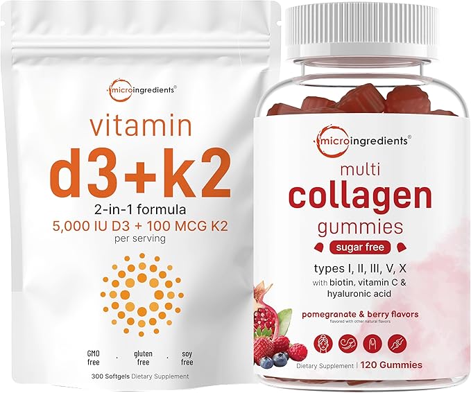 Micro Ingredients Vitamin D3 5000iu + K2 100mcg Softgels &amp Multi Collagen Peptides Gummies Bundle Pack | Essential Sunshine Vitamins | Type IIIIIIVX Protein with Biotin Hyaluronic Acid &amp