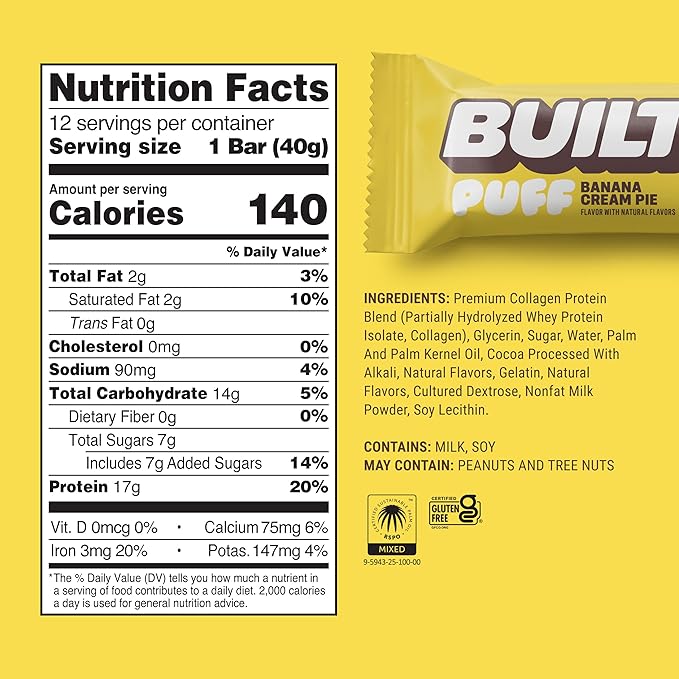 BUILT Bar Puff Protein Bars - Banana Cream Pie - 17g Protein Snack Bars with Collagen - Calorie Conscious &amp Gluten Free - 12 Count
