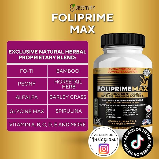 Foliprime Max Hair Nails &amp Skin Supplement with Biotin Vitamins Minerals &amp Herbal Blend 60 Capsules (3)