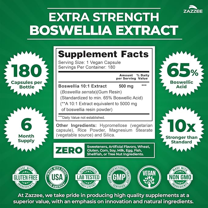 Zazzee Extra Strength Boswellia 10:1 Extract 65% Boswellic Acid 180 Vegan Capsules 6 Month Supply Boswellia Serrata Joint Comfort Mobility &amp Flexibility Support Non-GMO Made in the USA