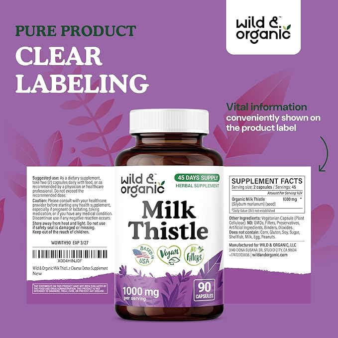 Wild &amp Organic Milk Thistle Capsules 1000mg - Liver Detox Supplements - Silymarin Milk Thistle Powder for Liver Cleanse - 90 Vegan Capsules - 45-Days Supply - No Fillers Non-GMO