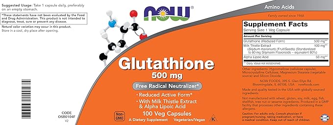 Now Glutathione 500 mg 100 Vegan Capsules - Reduced Form GSH Supplement - Enhanced with Milk Thistle Extract and Alpha Lipoic Acid