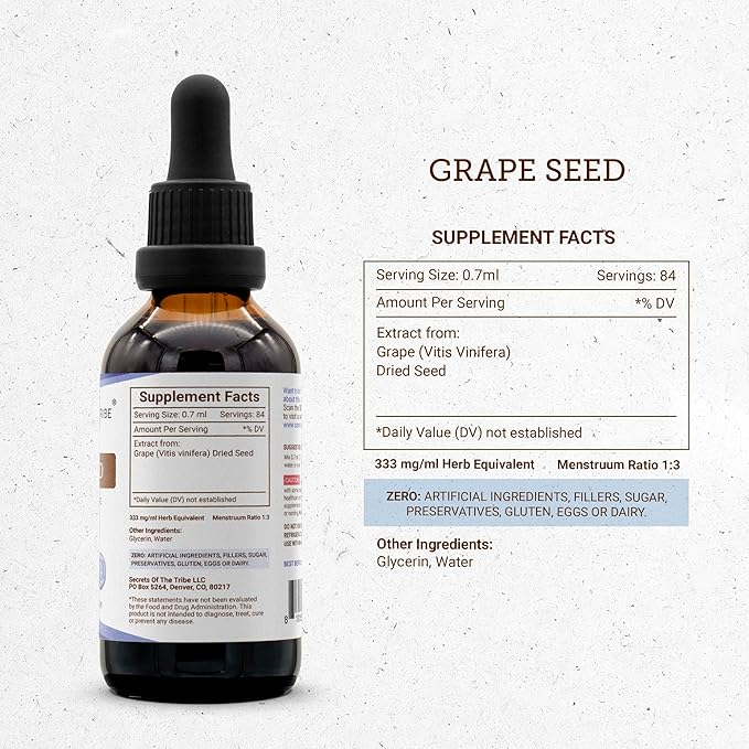Secrets of the Tribe Grape Seed Tincture Alcohol-Free Liquid Extract Grape (Vitis Vinifera) Dried Seed (2 FL OZ)