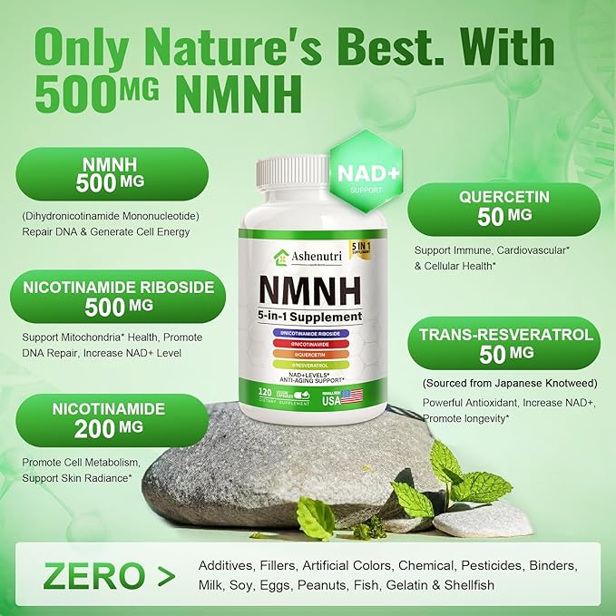 NMNH (Dihydronicotinamide Mononucleotide) NMN Alternative Supplement w/Niacinamide (Vitamin B3) Quercetin Trans-Resveratrol Support NAD+ Skin Cell Health* Anti-Aging &amp Energy 120 Caps