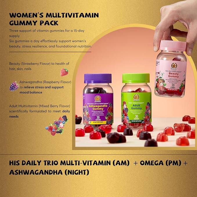 Women's Multivitamin Gummy Pack 3 Support for Hair Skin Nails Sleep Daily Health Vitamins A D C E Biotin Ashwagandha Folic Acid Adult Chewable Vitamin Berry Flavor 15 Day Supply - 90 Count