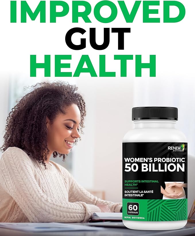 RENEW ACTIVES Probiotics for Women 50 Billion CFU per 2 Capsules – MAKTREK Technology 4 Probiotic Strains &amp Prebiotic Blend– Supports Digestion Health &amp Gut Flora Balance– Made in Canada– 60
