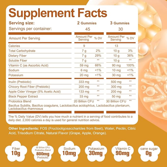 10G Fiber Gummies for Adults - Support Digestive Health - Fiber Supplement with 30 Billion CFU Probiotics Blend ACV Vitamin C Inulin - No Sugar Added - Fruit Flavored - 180 Count