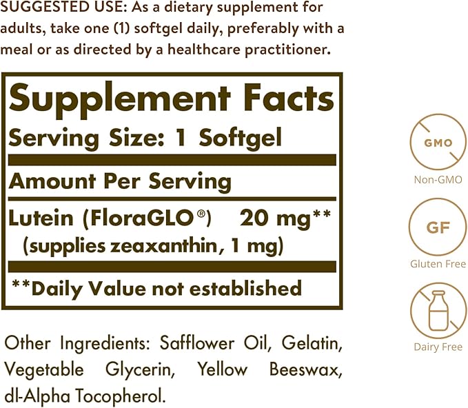 Solgar Lutein 20 mg 60 Softgels - Supports Eye Health - Helps Filter Out Blue-Light - Contains FloraGLO Lutein - Non-GMO Gluten Free Dairy Free - 60 Servings