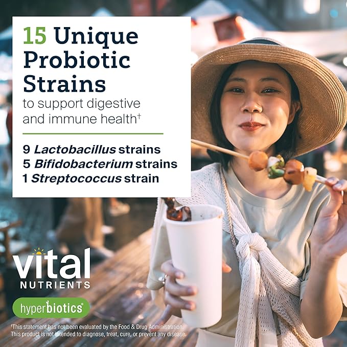 Hyperbiotics Vital Nutrients Pro-15 Advanced Probiotics for Women and Men | 15 Strains + Kiwifruit | Clinically Studied Daily Probiotics for Digestive Health Gas &amp Bloating | 60 Vegan Tablets