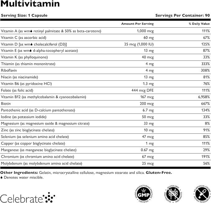Celebrate Vitamins Bariatric Multivitamin Iron Free - Post Gastric Bypass &amp Sleeve Gastrectomy Supplement for Men &amp Women - Essential Minerals &amp Vitamins A B D &amp E (90 Capsules)