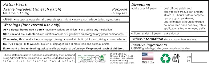 Respro Labs Natural Melatonin Patch 10 mg Continuous Release (30)