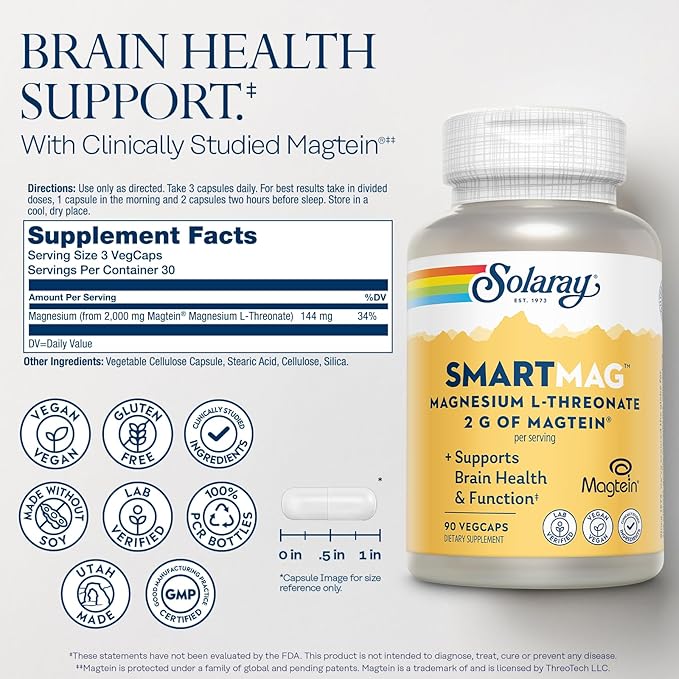 SOLARAY SmartMag Magtein Magnesium L-Threonate 2g - Magnesium Supplement for Brain Health Support - Mag Threonate Brain Supplement w/Clinically Studied Magtein - Vegan Gluten Free 30 Servings