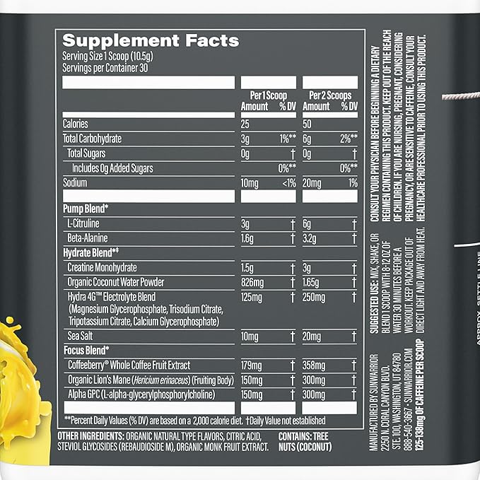 Sunwarrior Pre Workout Powder Energy Drink | Vegan Plant-Based Pre-Workout Supplement | Pump Hydrate Focus Endurance &amp Strength Builder | Yuzu Mango Flavored | 30 Servings | Active Preworkou