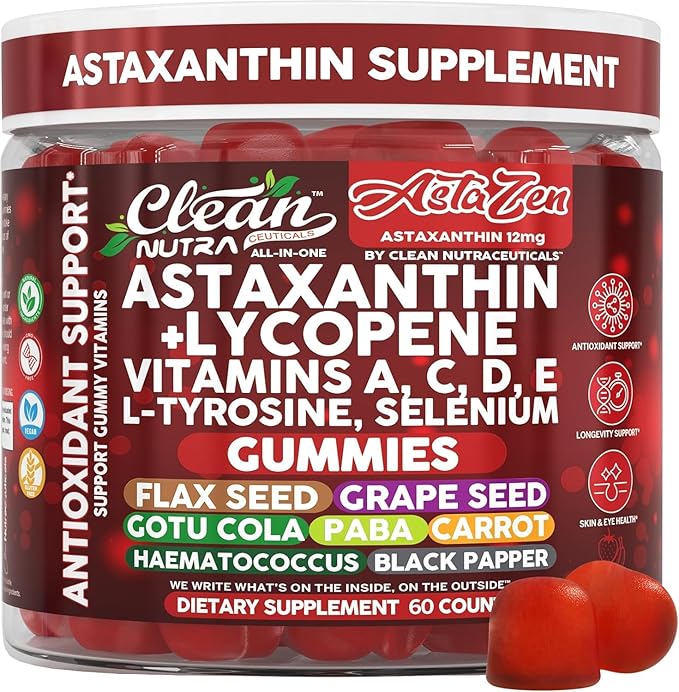 Clean Nutra AstaZen Astaxanthin Complex Gummies 12mg w/Lycopene Pure Vitamin A C D E L-Tyrosine Selenium – Premium Berry Banana Eye Skin Immune Support Supplement 60 Count