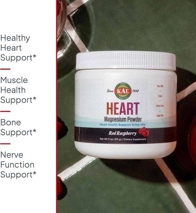 KAL Heart Magnesium Powder Red Raspberry Flavor Heart Health Support Magnesium Drink Mix Magnesium Supplement Sugar Free 70 Servings 11 OZ