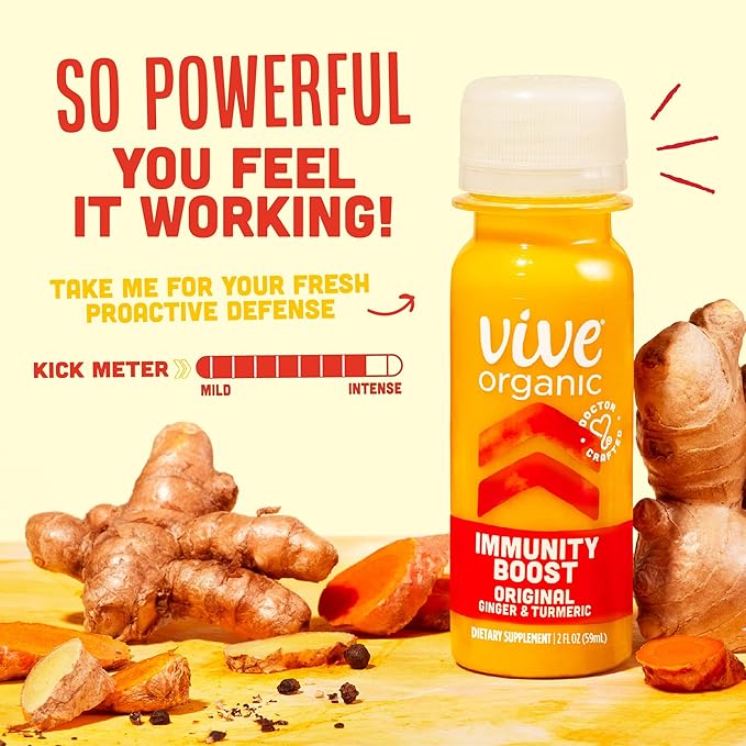 Vive Organic Immune Support Shot Cold-Pressed Ginger Turmeric &amp Echinacea Gluten Free Vegan Immunity Boost Original 2 Fl Oz (Pack of 12)